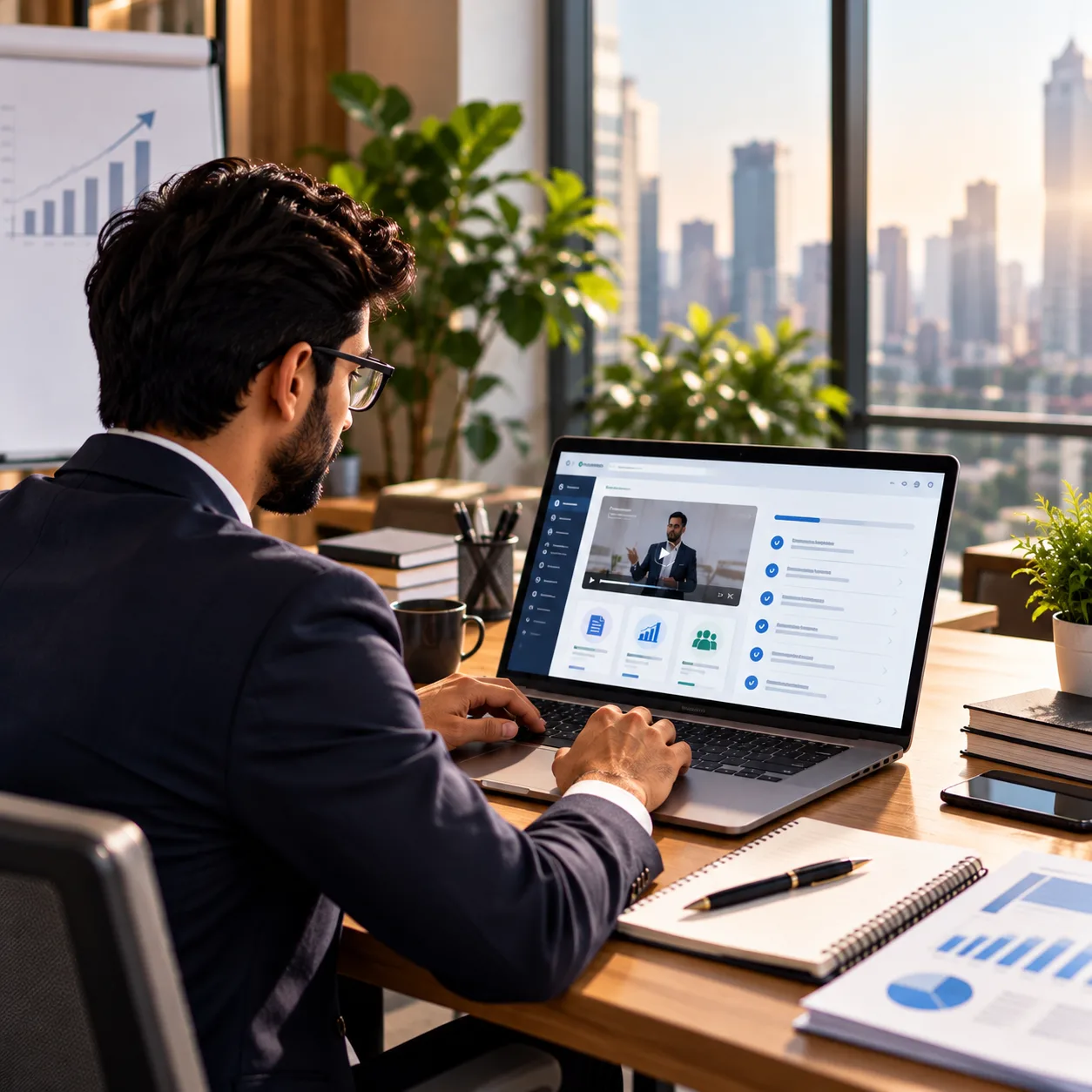 An executive workspace where an Advisor reviews a family protection plan