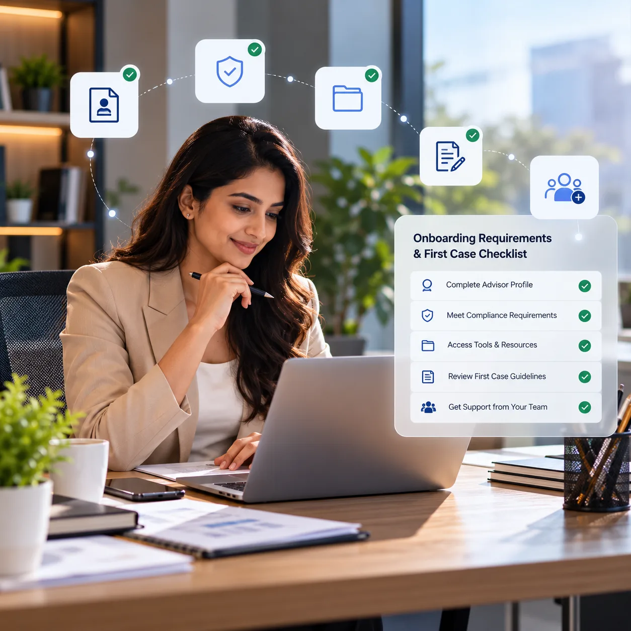A clean onboarding workflow on a laptop in an Advisor's workspace