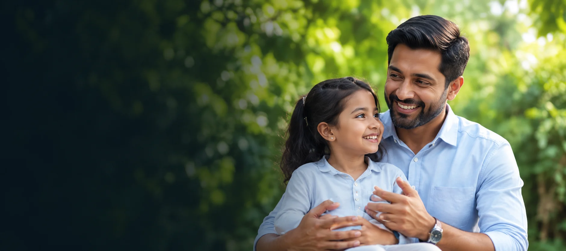 A father and daughter smiling in a garden at home