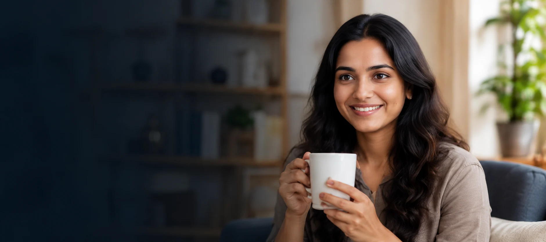 A senior woman smiling at home with a cup of tea