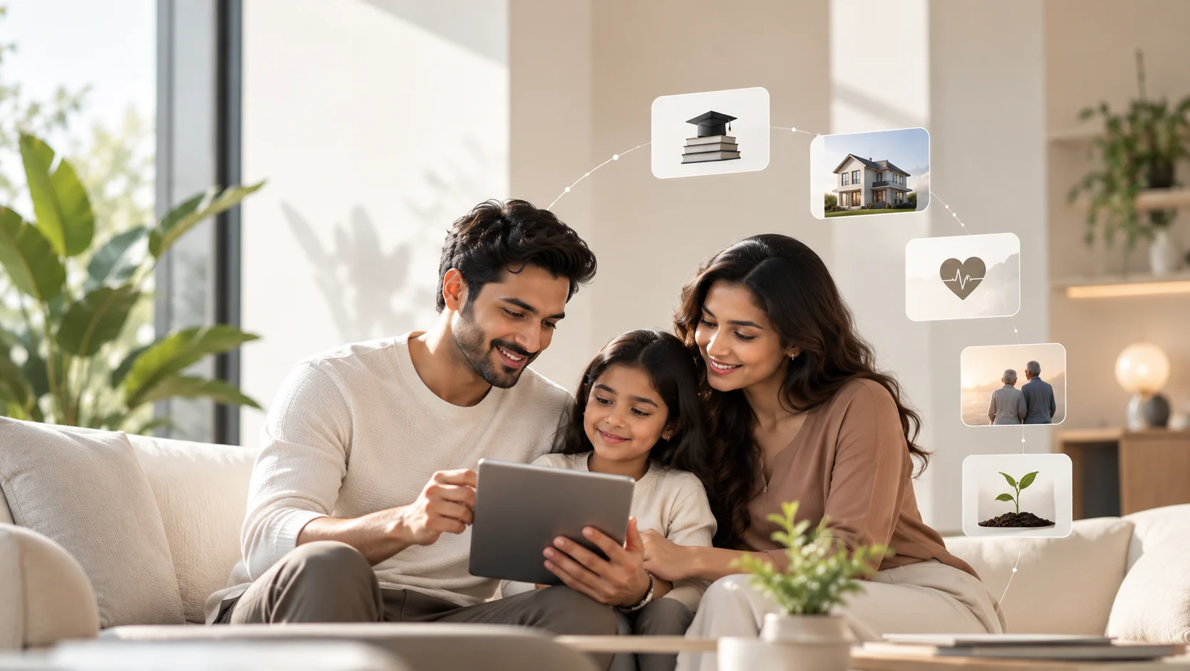 A family at home planning their financial protection