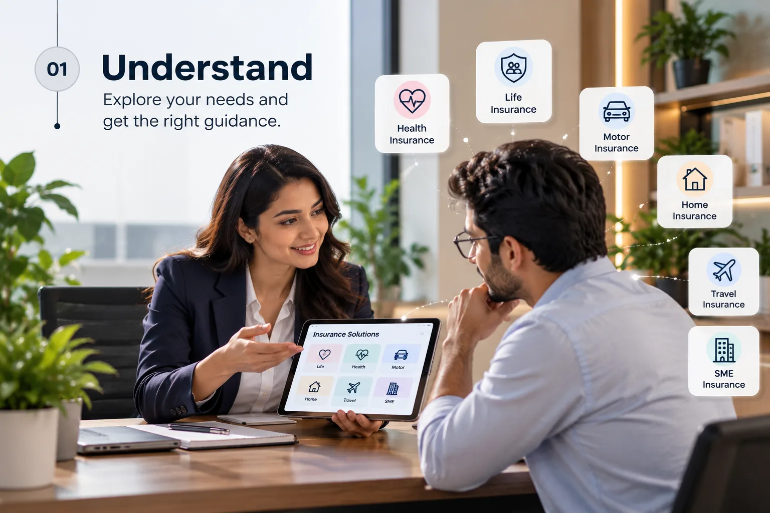 Client exploring insurance options with digital guidance