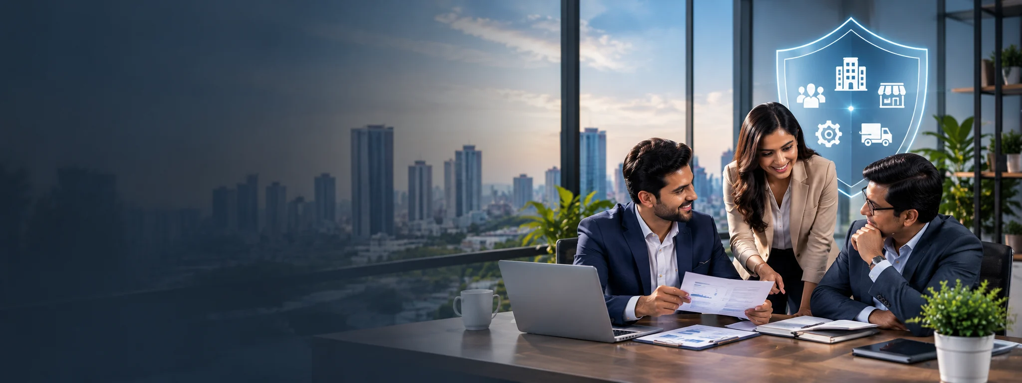 Business partners discussing risk cover in a modern office